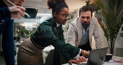 Buy stock photo Speaking, project or business people on laptop for teamwork, collaboration or investment at night. Manager, finance or financial advisor in office for late meeting, account budget or risk management
