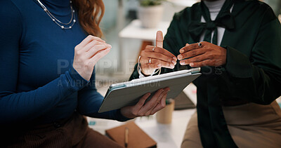 Buy stock photo Business people, hands or discussion with tablet at night for project deadline or research at office. Closeup, employees or colleagues working late on technology for design strategy, review or report