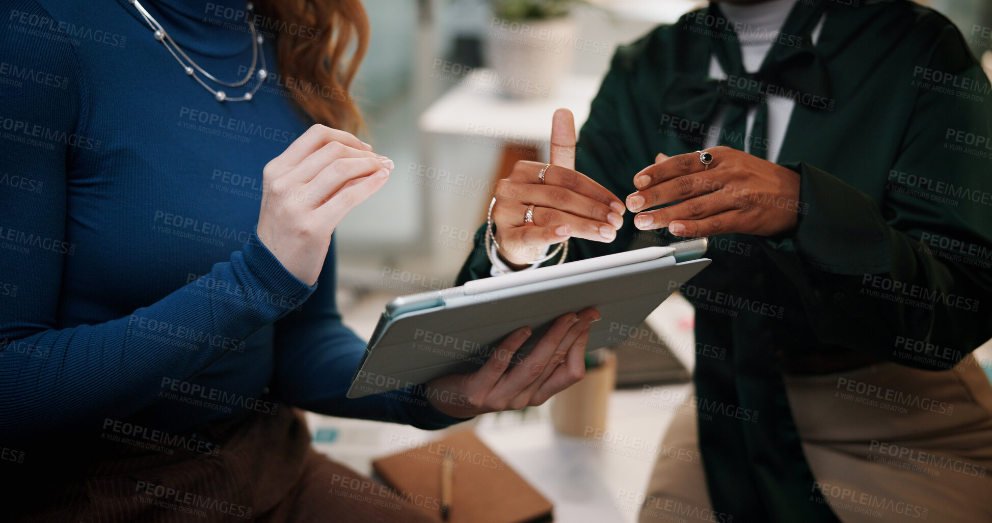 Buy stock photo Business people, hands or discussion with tablet at night for project deadline or research at office. Closeup, employees or colleagues working late on technology for design strategy, review or report