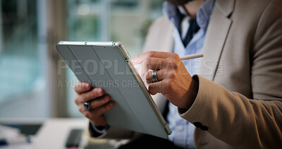 Buy stock photo Business man, hands and writing on tablet in office for funding request approval, contract agreement or application. Financial analyst, stylus or digital signature for investment deal or confirmation