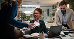 Woman, document and team in office for business, project feedback and review advice at night. Journalist people, paper and tech in agency for article discussion, collaboration and late information