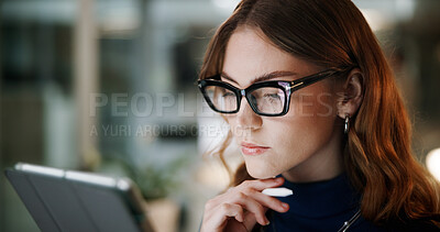 Buy stock photo Thinking, reading or businesswoman in office with tablet for accounting online, economy or finance. Problem solving, check or financial advisor with news for solution, research or investment update