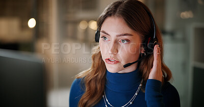 Buy stock photo Woman, headset and computer in call centre at night of contact us, online assistance and advice. Agent, talking and mic for consultation, customer service and feedback of technical guide for overtime