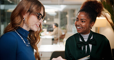 Buy stock photo Business women, happy team and talking in office for meeting, planning or journalist brainstorming at night. Tablet, discussion and collaboration with manager for late news, startup or creative ideas