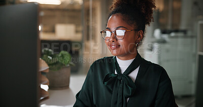 Buy stock photo Office, businesswoman and smile with computer for reading, news information and blog post at night. Late, person and copywriter with glasses reflection for research, web article or story for deadline