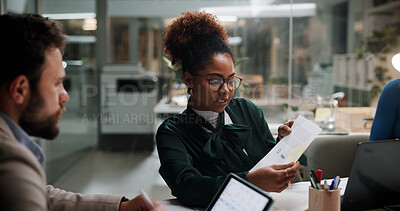 Buy stock photo Business people, paperwork and discussion in office for finance, budget information or planning at night. Admin staff, document and overtime in agency with profit projection, briefing or review offer
