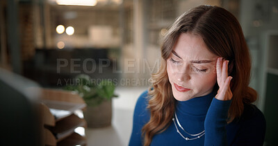 Buy stock photo Headache, stress and businesswoman in office at night with fatigue, exhaustion and burnout for deadline. Mistake, overworked and female creative editor with migraine for publishing at magazine agency