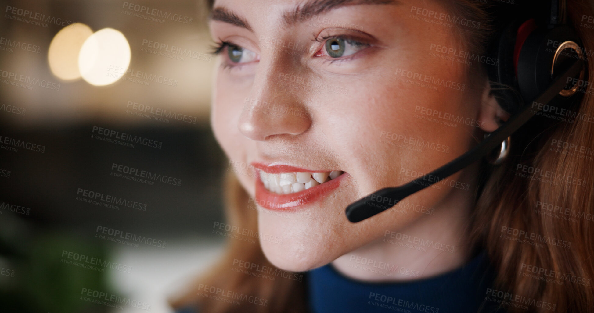 Buy stock photo Woman, talking and headset in call centre at night for contact us, online assistance and advice. Smile, agent and mic for consultation, customer service and feedback with technical guide for overtime