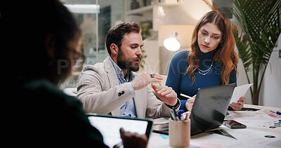 Buy stock photo Business, teamwork or planning with laptop in office at night for marketing campaign, design feedback and strategy. Graphic designer, people and discussion for brand development, ideas and overtime
