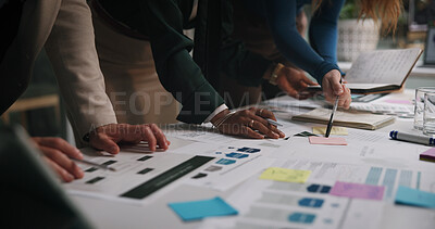 Buy stock photo Night, business and hands of people with documents for planning, campaign management and agenda in office. Company team, workshop and sticky notes in workplace with paperwork, meeting and late tasks