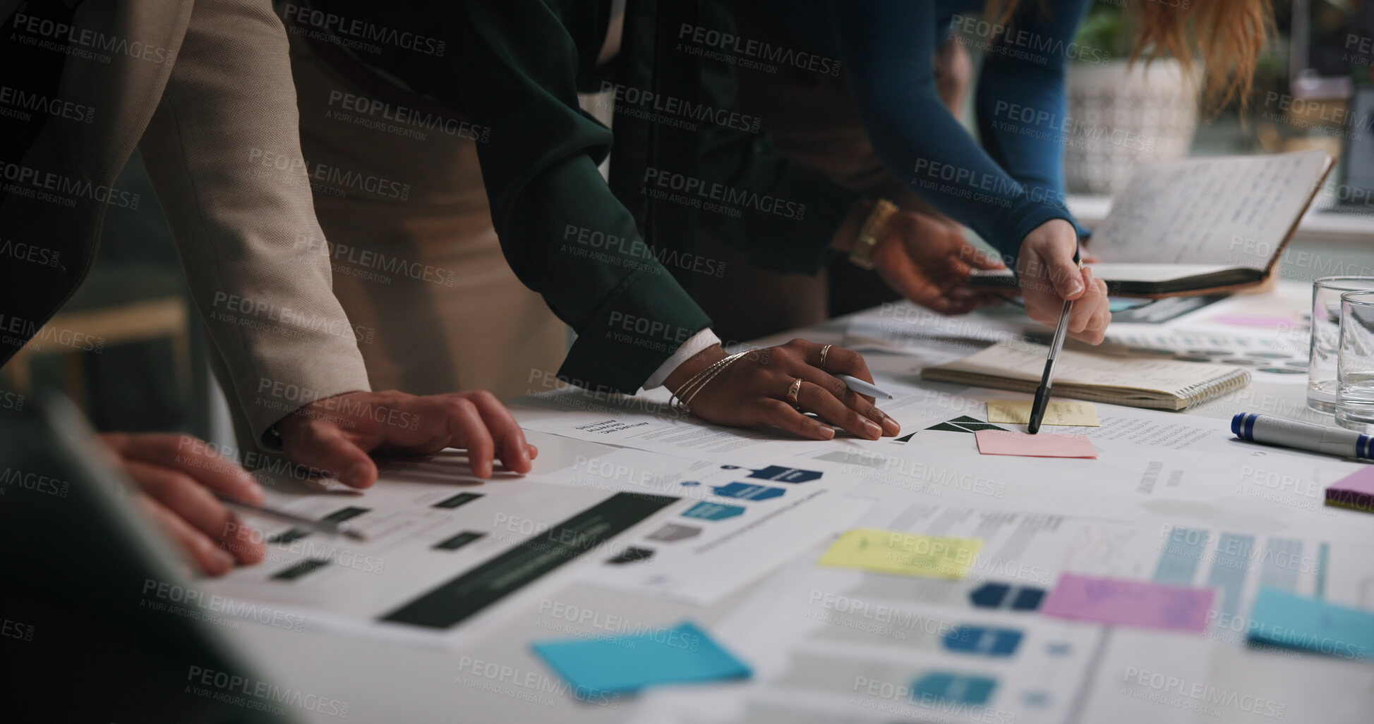 Buy stock photo Night, business and hands of people with documents for planning, campaign management and agenda in office. Company team, workshop and sticky notes in workplace with paperwork, meeting and late tasks