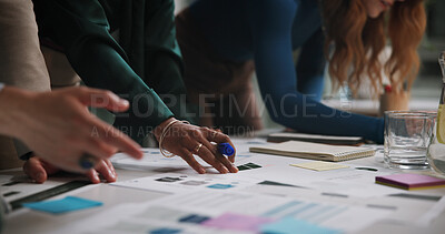 Buy stock photo Night, hands and business people in office with paperwork, planning or deadline with campaign management. Company team, workshop and sticky notes in workplace with documents, meeting and late tasks