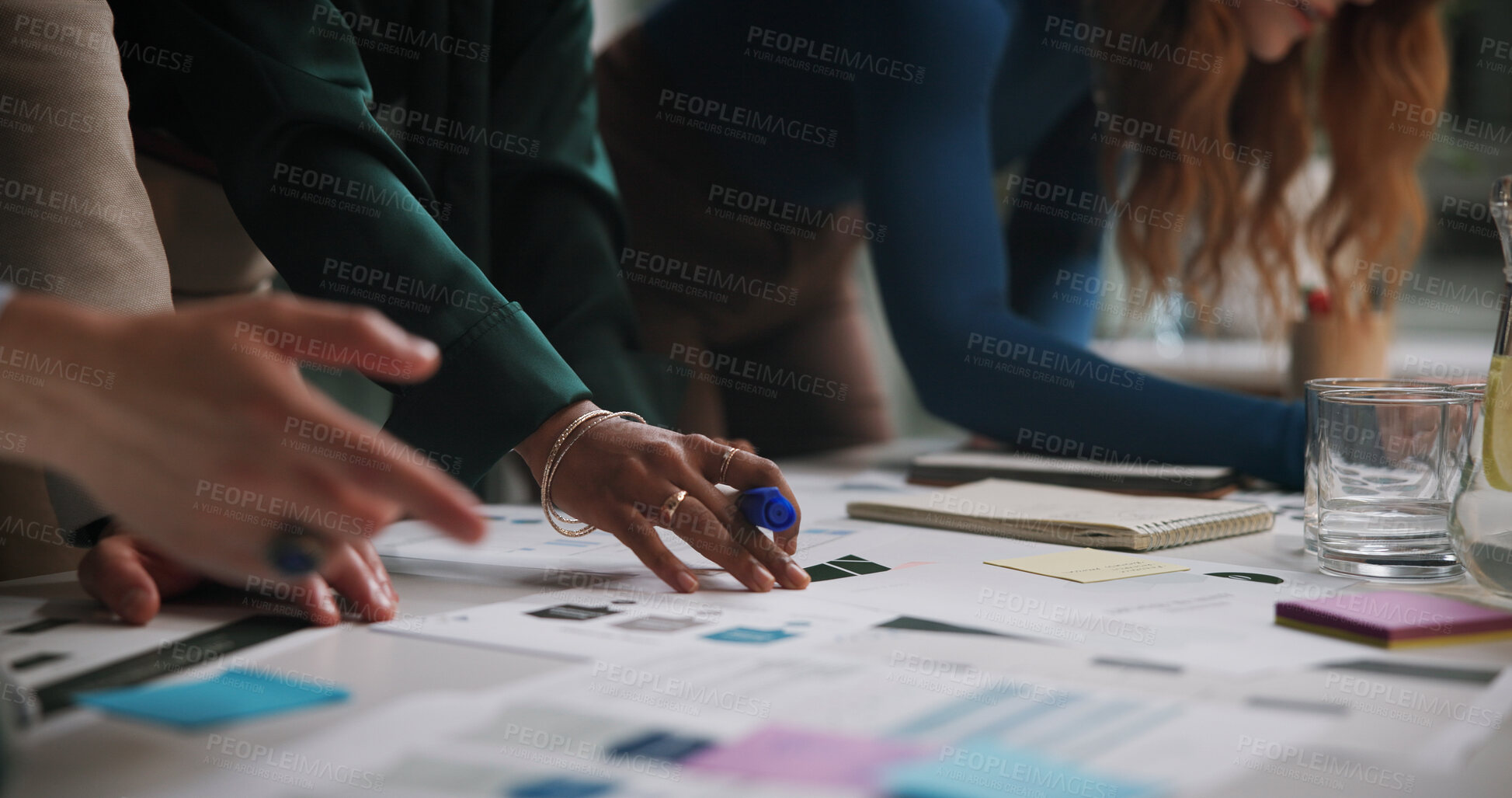 Buy stock photo Night, hands and business people in office with paperwork, planning or deadline with campaign management. Company team, workshop and sticky notes in workplace with documents, meeting and late tasks