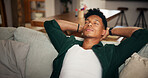 Man, relax and calm on sofa with sleeping, mindfulness or eye closed for wellness on living room couch. Peace, resting and male person in lounge for dream, asleep or lazy weekend with break in house