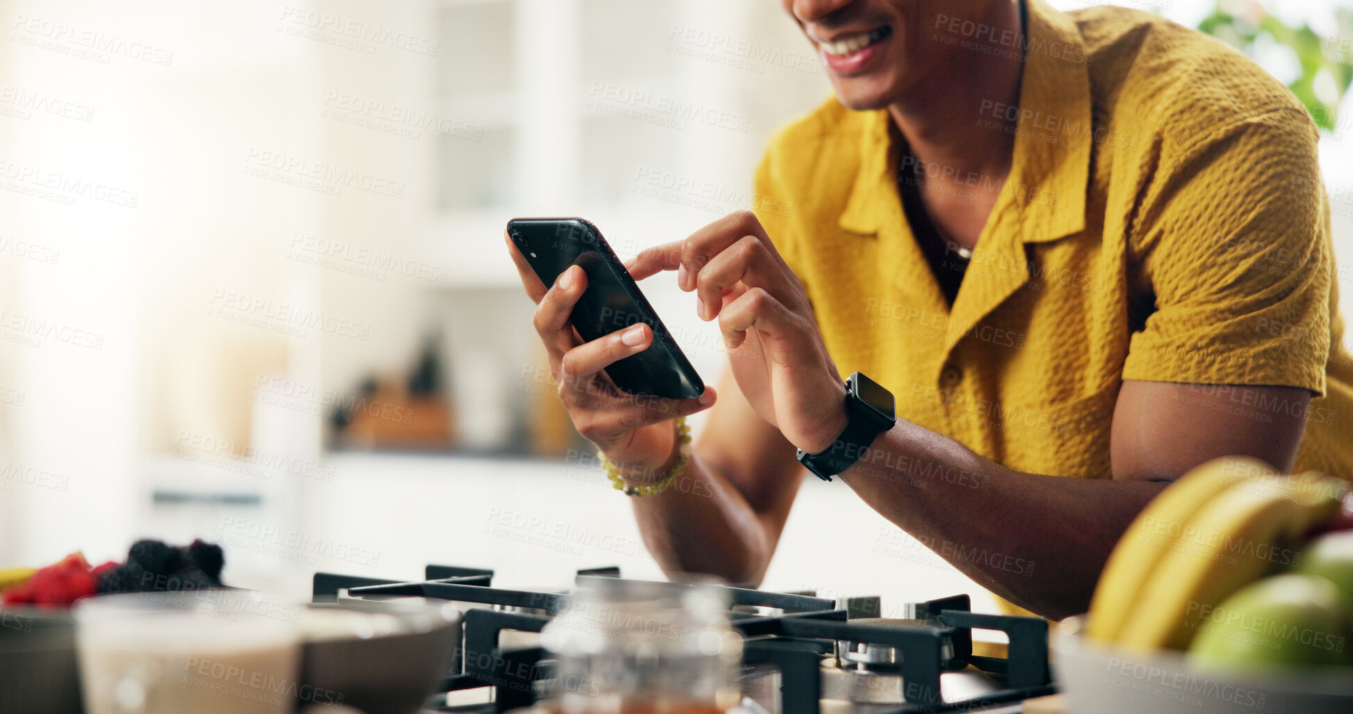 Buy stock photo Phone, kitchen and hands of man with recipe online for cooking healthy, wellness or diet dinner. Cellphone, research and person on mobile app for supper preparation tutorial or instructions in home.