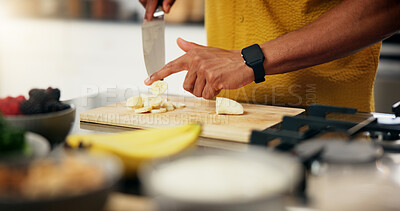 Buy stock photo Cooking, hands and cut fruit in kitchen for meal preparation, healthy salad and appetizer recipe. Nutrition, closeup and person with banana ingredients in home for vegetarian snack and organic lunch