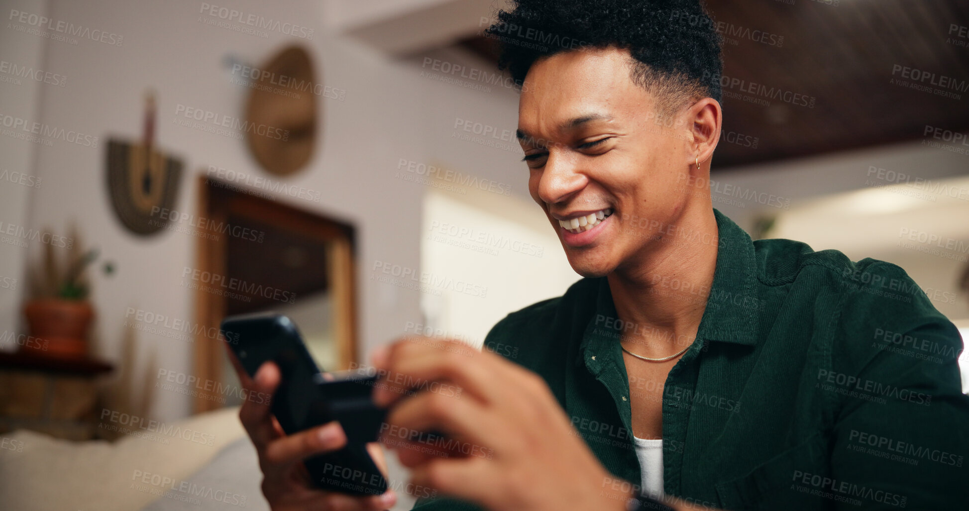 Buy stock photo Credit card, phone and scroll with man on sofa for online shopping, digital payment or fintech. Internet banking, account password and customer purchase with person in living room of home for order