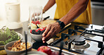 Berries, cooking and hands with man in kitchen of home for hobby, meal prep or nutrition. Ingredients, passion or recipe and person with bowl in apartment for breakfast, diet or health as chef