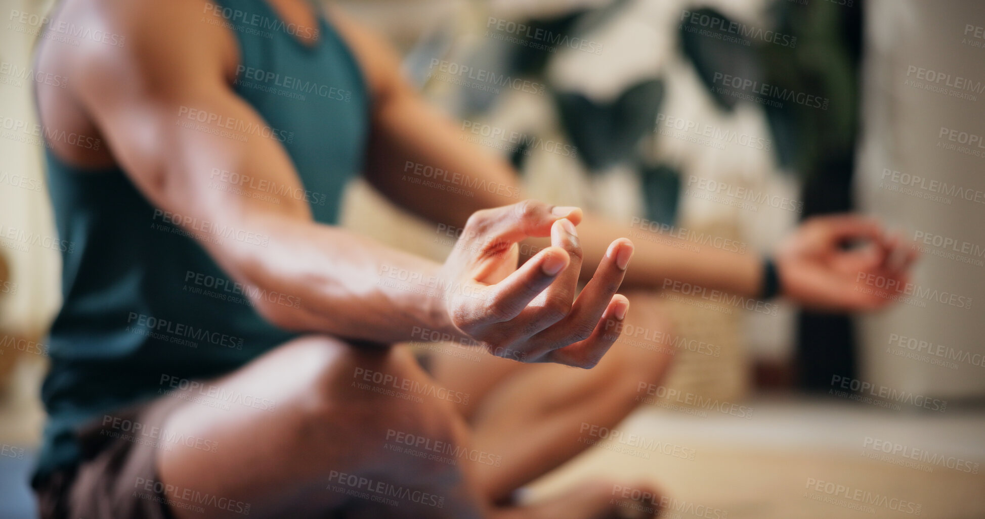 Buy stock photo Hands, person and lotus for yoga at house for meditation, zen balance and breathing of mindfulness. Man, pilates practice and fitness routine of morning peace, spiritual healing and holistic wellness