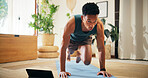 Man, tablet or gym tutorial for plank exercise, online course or balance for strong core muscle. Streaming, routine or mountain climbers in virtual class for fitness, abs workout or training in home