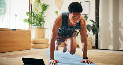 Buy stock photo Man, tablet or gym tutorial for plank exercise, online course or balance for strong core muscle. Streaming, routine or mountain climbers in virtual class for fitness, abs workout or training in home