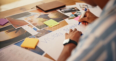 Buy stock photo Hands, planning and writing on vision board in home for growth activity, aspirations design and manifestation. Poster, person and pictures for inspiration, progress tracking and personal development