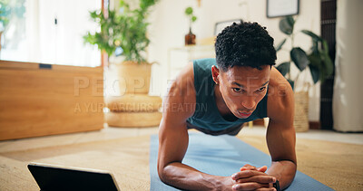 Buy stock photo Man, tablet and tutorial for plank exercise, online course or balance with strong core muscle. Streaming, lounge and person in virtual class for fitness, workout program or training for abs in home