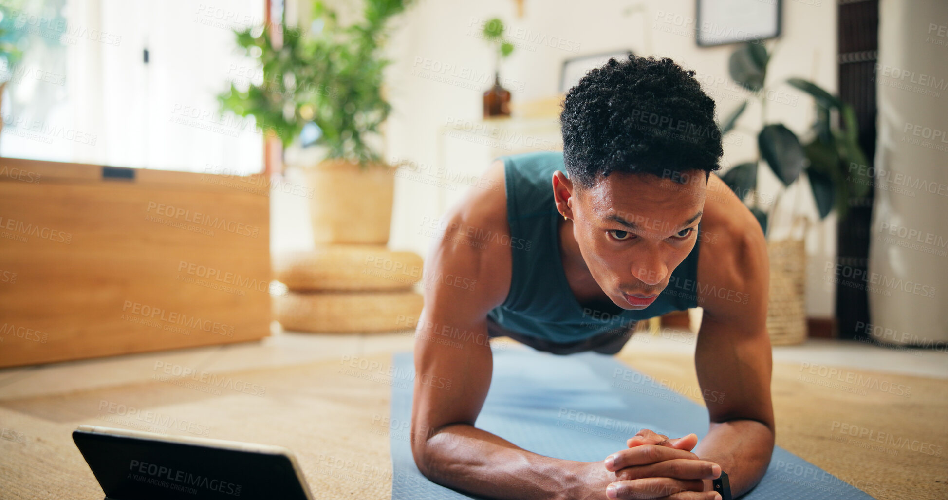 Buy stock photo Man, tablet and tutorial for plank exercise, online course or balance with strong core muscle. Streaming, lounge and person in virtual class for fitness, workout program or training for abs in home