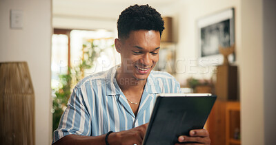 Buy stock photo Tablet, freelancer and scroll with man in home for virtual assistant, schedule appointment and admin platform. Remote worker, calendar update and research with person for feedback and newsletter