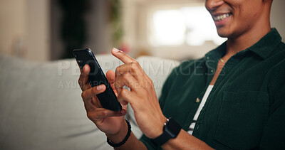 Buy stock photo Relax, hands and phone with man on sofa for social media, movie platform and streaming service. Happiness, entertainment app and subscription with person in living room at home for multimedia search