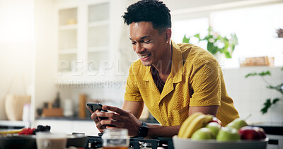 Buy stock photo Cellphone, kitchen and hands of man with recipe online for cooking healthy, wellness or diet dinner. Phone, research and person on mobile app for supper preparation tutorial or instructions in home.