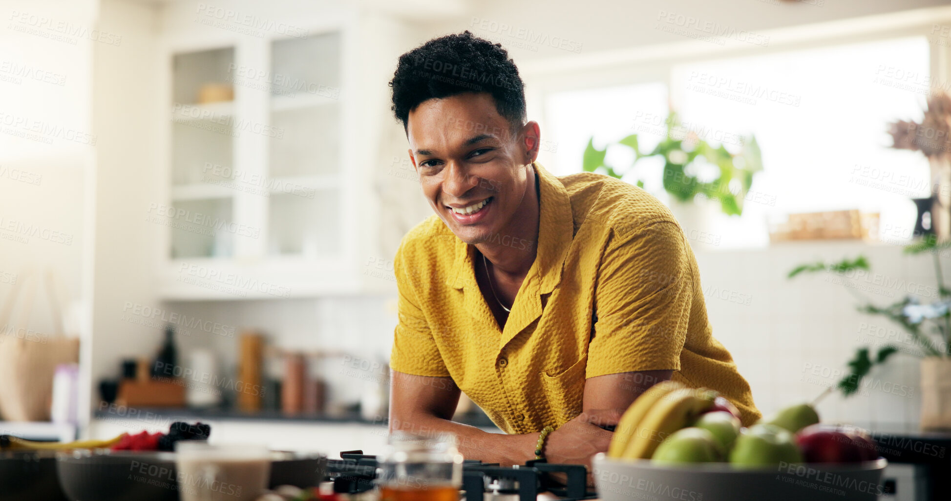 Buy stock photo Cooking, portrait and smile with man in kitchen of home for hobby, meal prep or nutrition. Ingredients, career and recipe with happy person in apartment for diet, health or supper as culinary chef