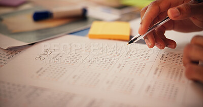 Buy stock photo Person, planning and hands writing on calendar for reminder, deadline update and time management. Goals, objective and closeup of schedule for tasks, appointment date and notes planner for agenda