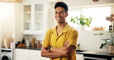 Buy stock photo Arms crossed, kitchen and portrait of happy man in home with chef skills and practice for cooking. Proud, smile and confident male person in Colombia with positive attitude in apartment for baking