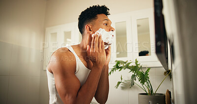 Buy stock photo Man, mirror or shaving cream in bathroom for morning routine, grooming or facial care for beard hair removal. Foam, house or male person with product for dermatology, skincare or cleaning hygiene