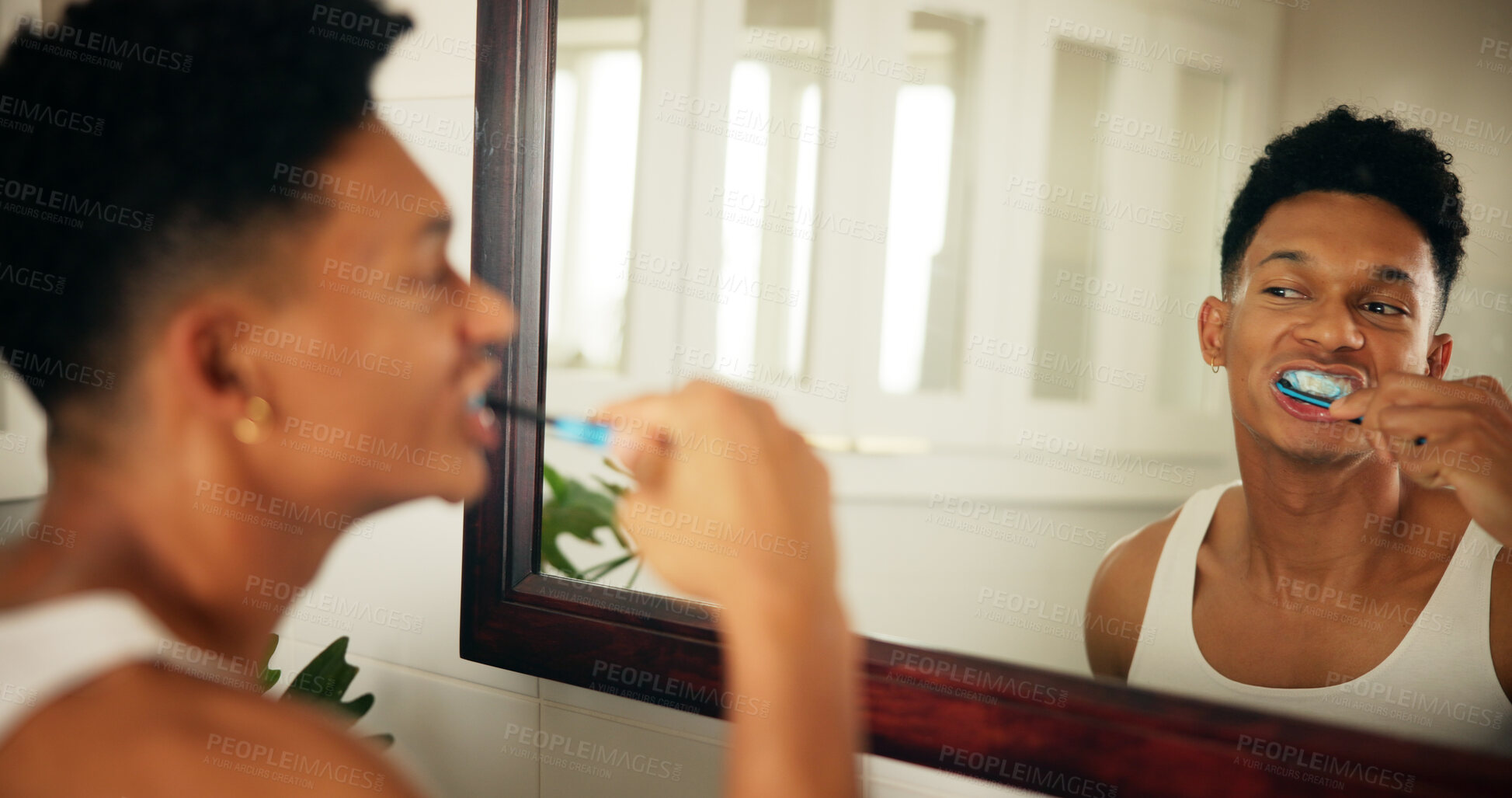 Buy stock photo Home, man and dental with toothbrush in mirror, oral care and mouth treatment in morning routine. Reflection, male person and wellness with teeth whitening for gums, hygiene and grooming in bathroom