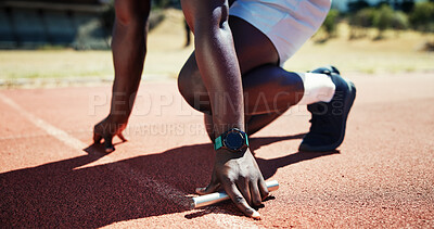 Buy stock photo Start, baton and athlete with hands of man on race track for fitness, training and cardio performance. Health, relay and sports runner with person and outdoor stadium for running, ready and event