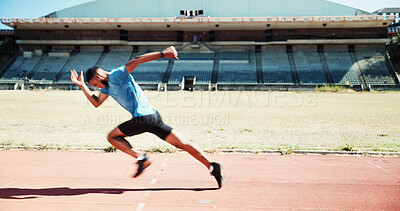 Buy stock photo Speed, running and athlete or man on race track for fitness, training and cardio performance. Health, marathon and sports runner with person and outdoor stadium for competition, fast and workout