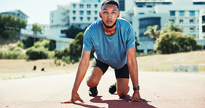 Buy stock photo Start, sports and athlete or man on running track for fitness, training and cardio performance. Health, marathon and runner with person and outdoor stadium for competition, ready and workout