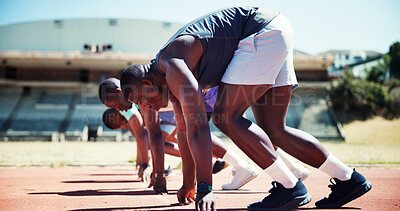 Active, men and starting line for race for exercise, training and competition for marathon. Athlete, people and runners preparation for fitness event, performance and sports challenge for tournament