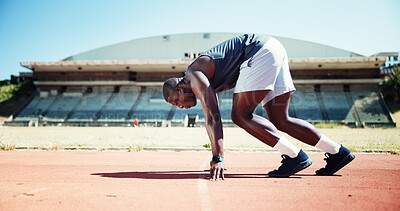 Buy stock photo Start, competition and sports with black man on race track for fitness, training and cardio performance. Health, marathon and runner with person and outdoor stadium for running, ready and workout