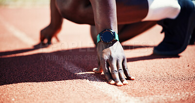 Person, hands and runner ready at starting line for race, sprint or new record time at stadium. Closeup, athlete or fitness with wrist watch for sport marathon, beginning challenge or competition