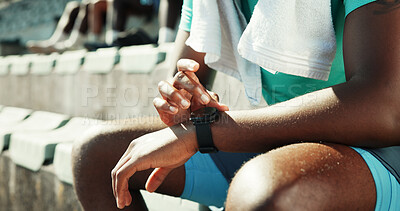 Buy stock photo Stadium, hands and smart watch with time for fitness, monitor performance and workout application. Closeup, outdoor and person with clock for exercise results, progress and runner on cardio break