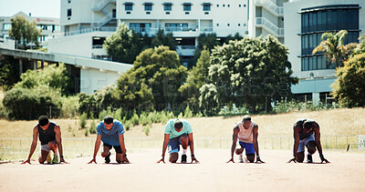 Athlete, people and starting line for race for exercise, training and competition for marathon. Active, men and runners preparation for fitness event, performance and sports challenge for tournament