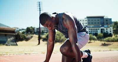 Buy stock photo Start, workout and athlete or black man on race track for fitness, training and cardio performance. Health, marathon and sports runner with person and outdoor stadium for running, ready and event