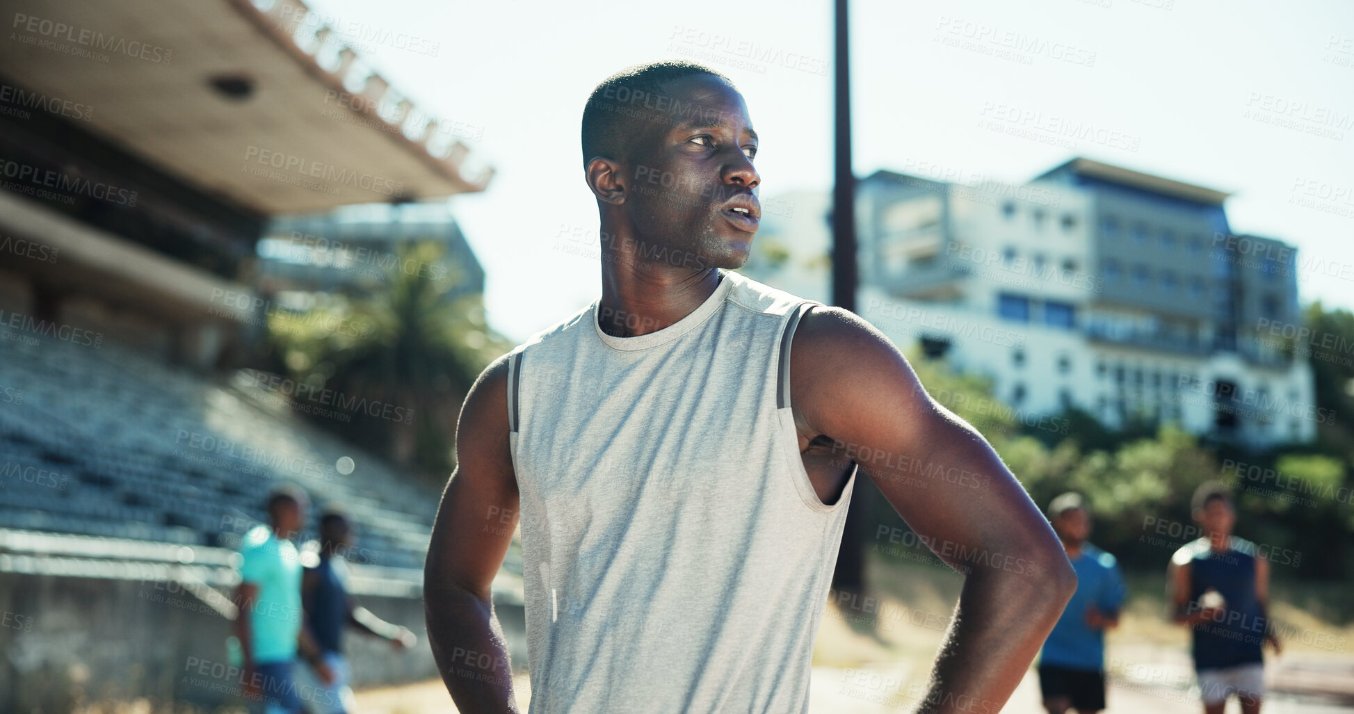 Buy stock photo Athlete, runner and man with thinking at stadium for competition practice, contemplating workout and training. Fitness, person and ready for running track outdoor with exercise reflection or marathon