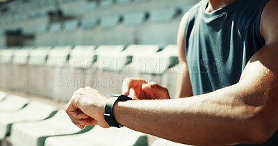 Buy stock photo Stadium, hands and smart watch with time for workout, monitor performance and fitness application. Closeup, outdoor and person with clock for exercise results, progress and runner on cardio break