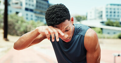 Buy stock photo Man, fitness and fatigue at stadium with sweat, exhausted or burnout on exercise break. Athlete, runner or outdoor in Brazil with workout rest, tired or cardio challenge on race track for wellness