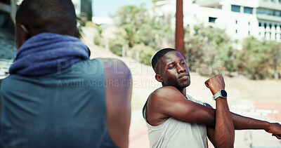 Buy stock photo Stretching, runner and team with black men in stadium for marathon training, health and cardio challenge. Warm up, competition and exercise with people outdoor for athlete, workout and partner