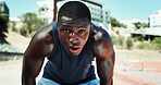 Runner, black man and fatigue with breathing at stadium for race competition, endurance challenge or sweating. Fitness, athlete and sports portrait with burnout for running recovery, marathon or rest